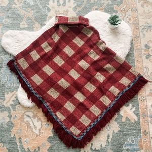 G. Tan & Burgundy Plaid Asymmetrical Cowl Neck Poncho- One Size